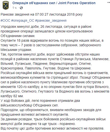 На Донбасі за добу поранені 2 українських військових